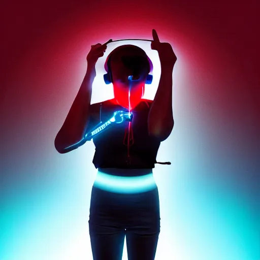 Image similar to cybernetic faceless female warrior with glowing red headphones