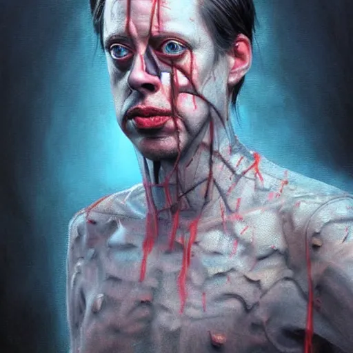 Image similar to hyperrealistic mixed media high resolution painting of (Steve Buscemi) !!Hellraiser!!, stunning 3d render inspired art by Jamie Salmon and István Sándorfi and Greg Rutkowski, perfect facial symmetry, dim volumetric lighting, 8k octane beautifully detailed render, full body shot, post-processing, extremely hyper-detailed, intricate, epic composition, highly detailed attributes, highly detailed atmosphere, cinematic lighting, masterpiece, trending on artstation, very very detailed, masterpiece, stunning, flawless completion, lifelike texture, perfection,