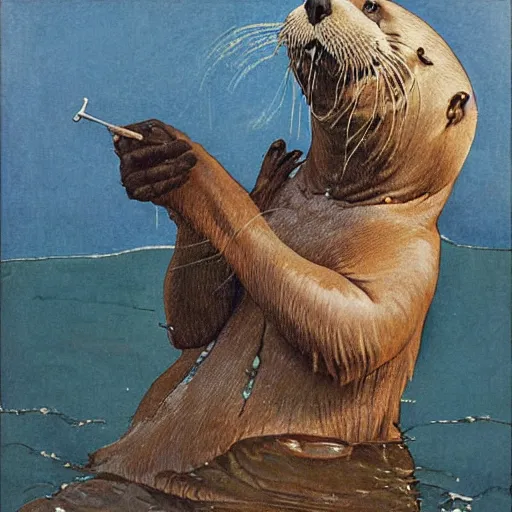 Prompt: a Norman Rockwell painting of a humanoid sea otter dentist