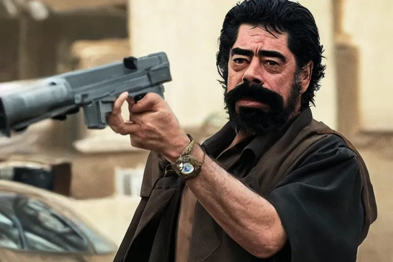 Prompt: Benicio Del Toro as Saddam Hussein in 'SadDamn Hussling 2' (2024), movie still frame, promotional image, imax 70 mm footage, oscar nominated cinematography, volumetric lighting, 8k resolution