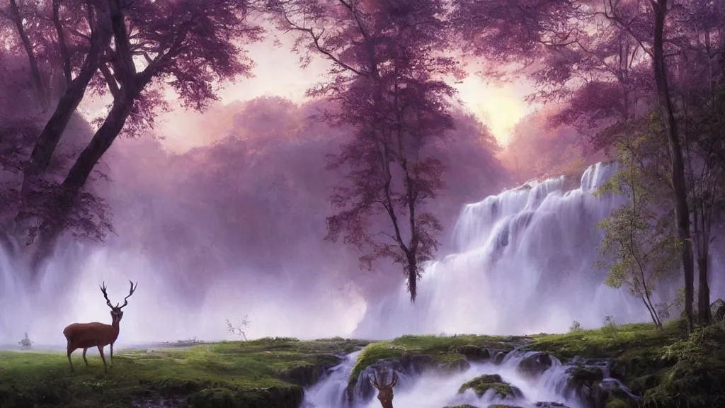 Image similar to the most beautiful panoramic landscape, oil painting, where a giant dreamy waterfall creates a river, the trees around are starting to bloom in purple colors, a majestic deer is in close - up and it is exhaling steam, the ray lights of the sunrise are brightening him, by greg rutkowski