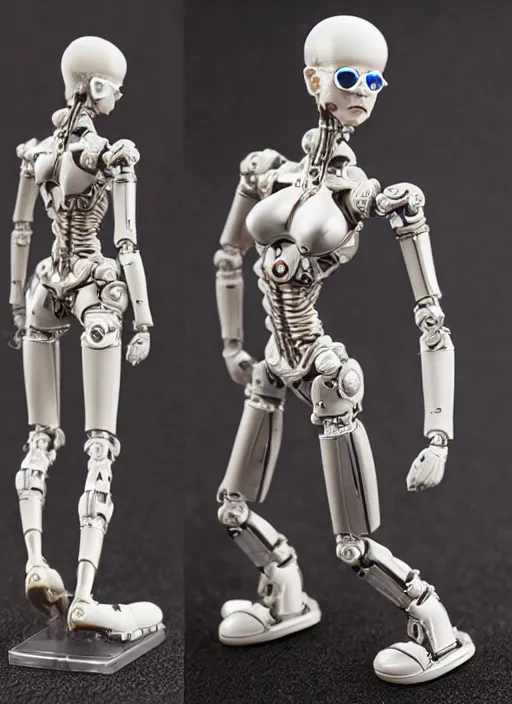 Prompt: 80mm resin detailed miniature of a female android, robotic metal arm and leg, beautiful bone structure, symmetrical facial features, Product Introduction Photos, 4K, Full body