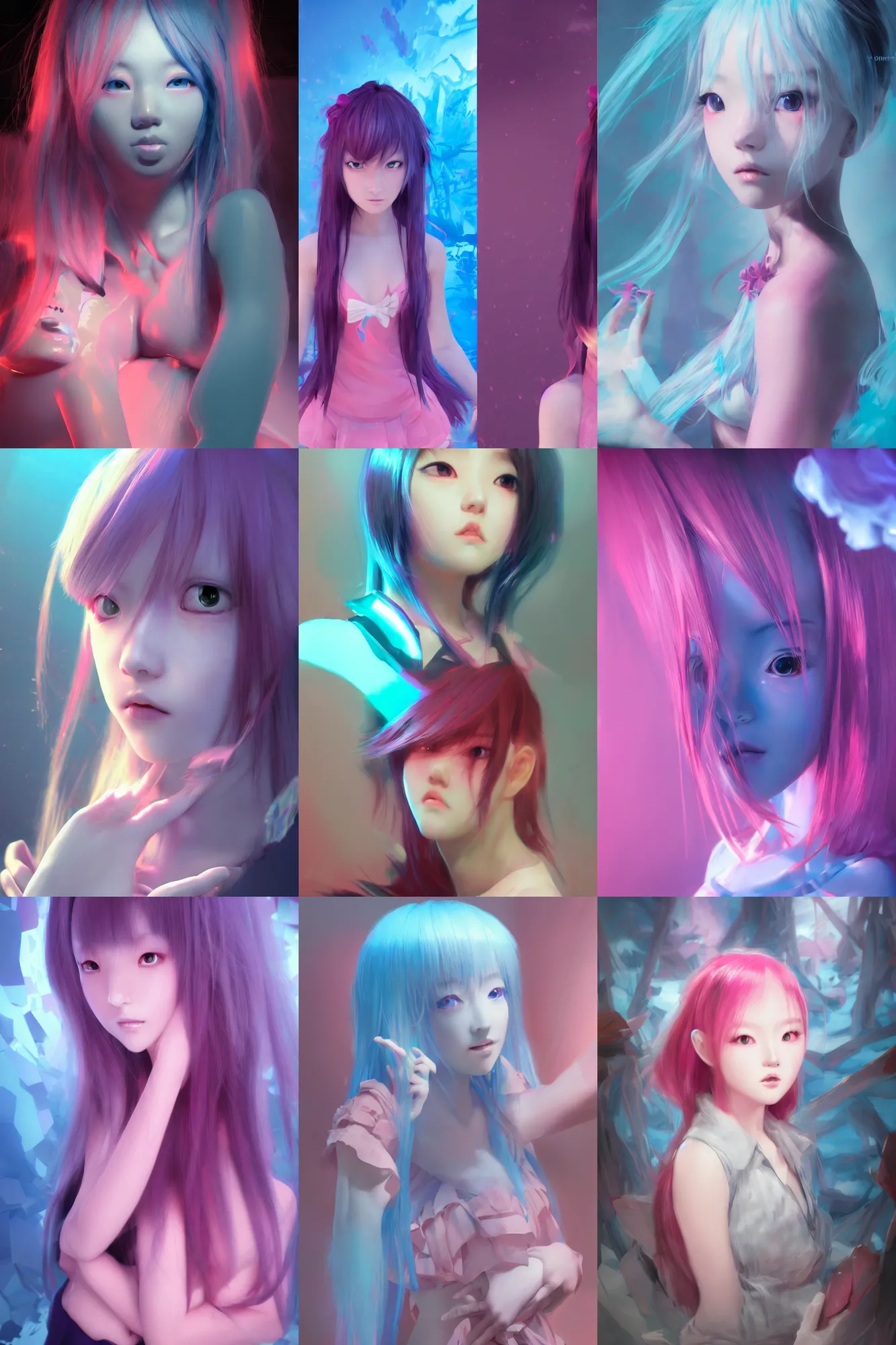 Prompt: 3d dark infrared octane render concept art by D. Jun, by Mo Xiang Tong Xiu, by Igarashi Daisuke, beauty portrait anime schoolgirl under dark pink and blue water. cute face. complex mirror room. dramatic light, trending on artstation.
