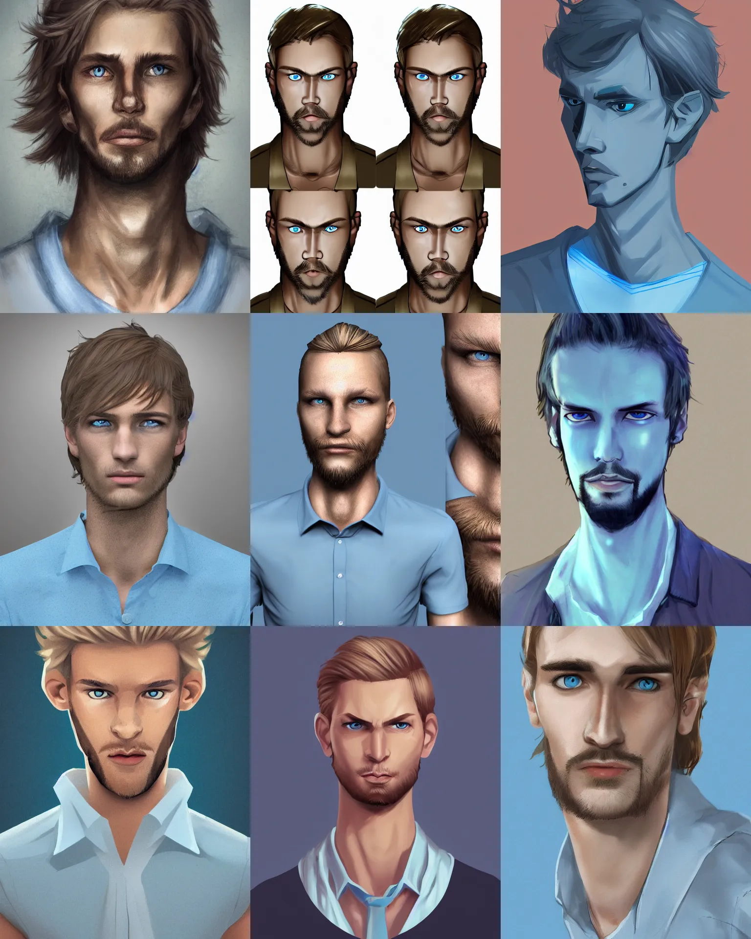 Prompt: digital upper body portrait of a skinny european male, slightly longer blond hair and a light stubble beard, wearing a light blue shirt, blue eyes, rugged, teenage, fantasy, wizard, trending artstation, dungeons & dragons, relaxed expression, dark lighting, high detail