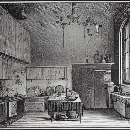 Image similar to kitchen of an abandonded house, illustration by Gustav Doré, Chiaroscuro