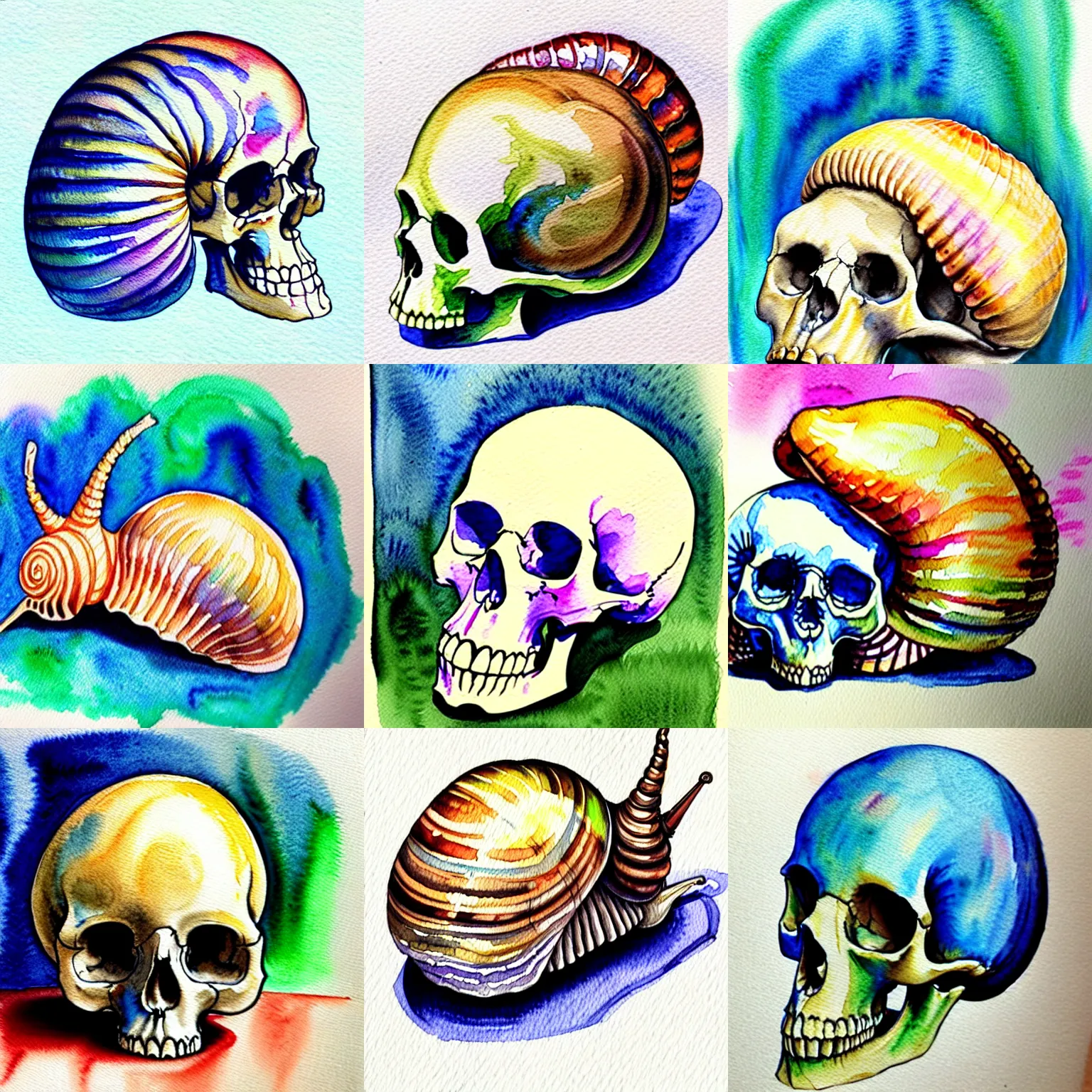 Prompt: watercolour of snail!! with human skull shell, realism, intricate, colourful