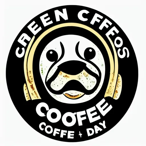 Image similar to green circular coffee shop logo, depicting ugly and dirty dog in center, horror movie dog