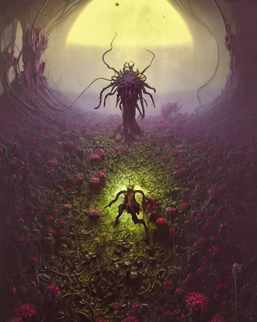 Image similar to the platonic ideal of flowers, rotting, insects and praying of cletus kasady carnage thanos davinci dementor wild hunt chtulu mandelbulb spirited away doctor manhattan bioshock, caustic, ego death, decay, dmt, psilocybin, concept art by randy vargas and greg rutkowski and zdzisław beksinski