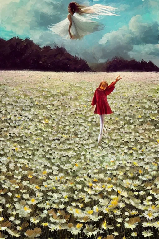 Image similar to giant white daisies flower as head, girl ballet in a flower field, surreal photography, sunrise, dramatic light, impressionist painting, colorful clouds, digital painting, artstation, simon stalenhag