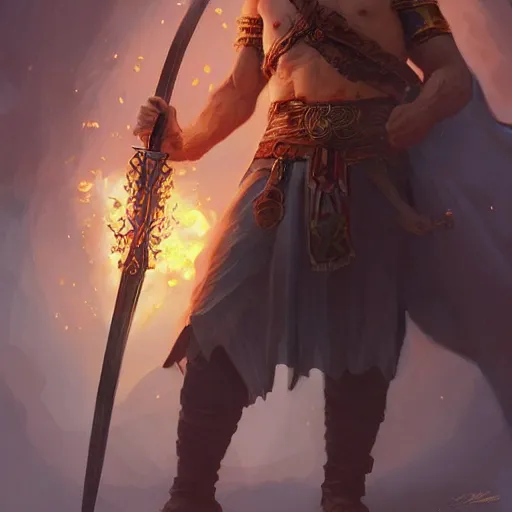 Prompt: Smattas, bearded manly god of justice, with a flaming sword, D&D, highly detailed, digital painting, artstation, concept art, sharp focus, illustration, cinematic lighting, art by artgerm and greg rutkowski and alphonse mucha