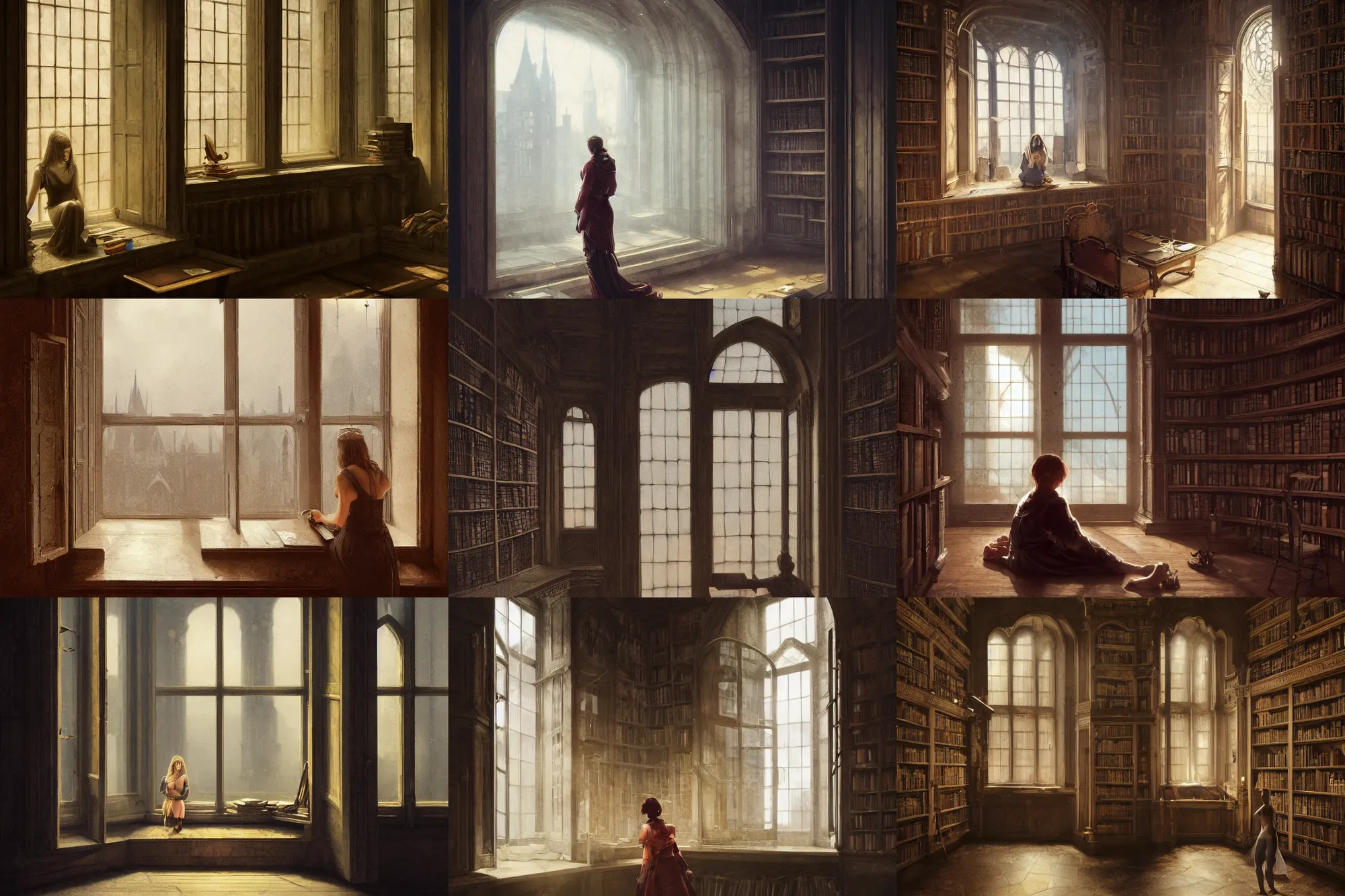 Prompt: figure looking through a wide window, castle library, nightfall, lonely, photorealistic by michael komarck, greg rutkowski, victo ngai, artgerm, willem claesz heda