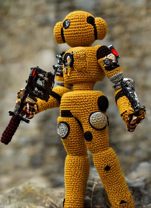 Prompt: a crochet mecha, holding a sword, realistic, no cropping, full body, Sigma 50 mm f/1.4