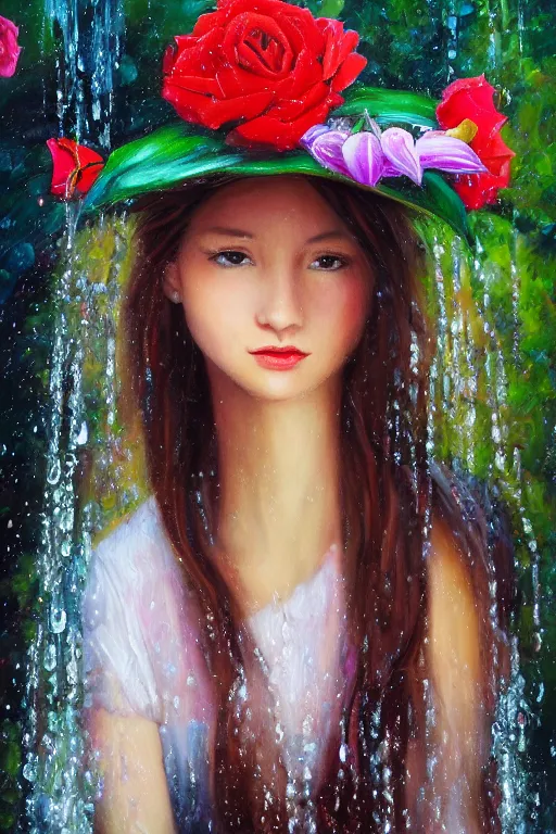 Prompt: oil painting, romanticism, girl in flower hat, flower dress, roses, lilies, waterfall cave, water drops, overhead light, japanese carp, 4 k, 8 k