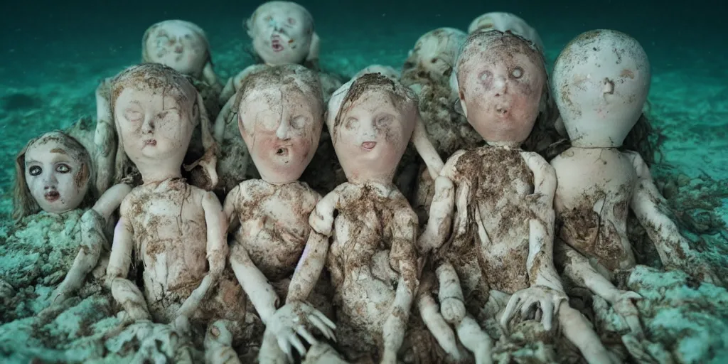 Image similar to underwater rotted dolls reaching to the surface, murky, disgusting, ghostlike