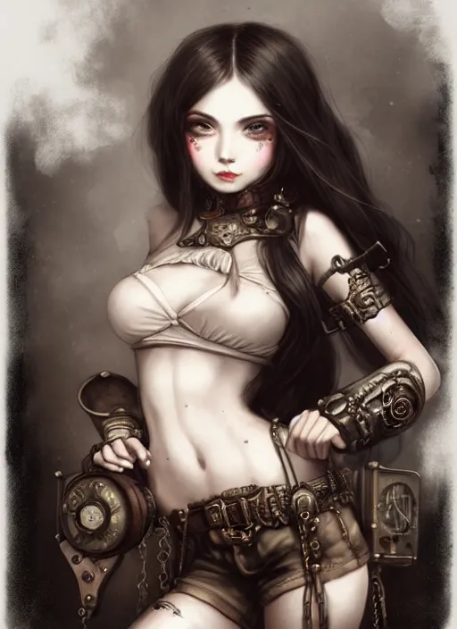 Image similar to daguerreotype of beautiful steampunk girl, white skin, long brunette hair, lipstick, short pants, belts, black croptop, junkyard, high fantasy, highly detailed, digital illustration, by rossdraws, sakimichan frank franzzeta