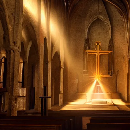 Prompt: a cinematic painting of jesus stood on the alter in an abandoned cathedral interior, he is lit by a strong beam of light shining in through a crack on the ceiling, 8 k, movie still, wide angle photograph