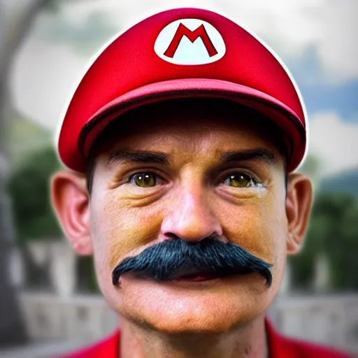 Prompt: a closeup portrait photo of a real Mario.