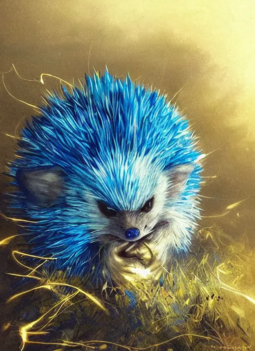 Prompt: ( ( a cute face blue hedgehog holds a large gold ring with blue lightning. cover art. ) ), blue lightning!!!!,, large gold ring!!, beautiful grassland, early morning hours, long shadows, extremely detailed, fantasy painting, by jean - baptiste monge!!!!