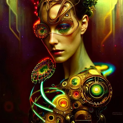 Image similar to extremely psychedelic beautiful cyborg virus infected by night. intricate, elegant, highly detailed, extremely lifelike photorealistic digital painting, artstation. steichen, gaston bussiere, tom bagshaw, cyberpunk alphonse mucha. totally elegant. anatomically correct. sharp focus. black and gold. surreal lush cosmic hallucination
