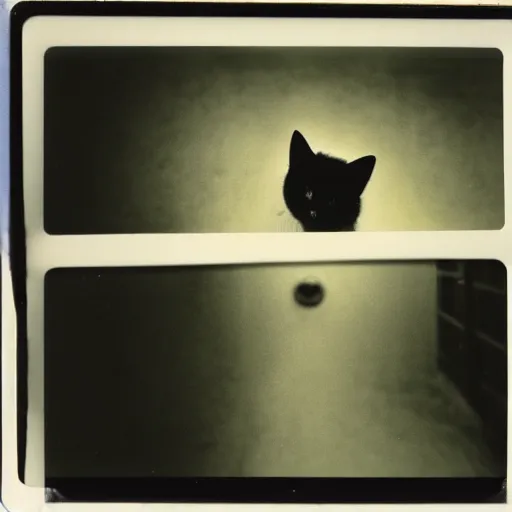 Image similar to wide-shot very low-angle eyesight first-person reflection of a cat in the puddle, polaroid photo, by Andy Warhol, signed