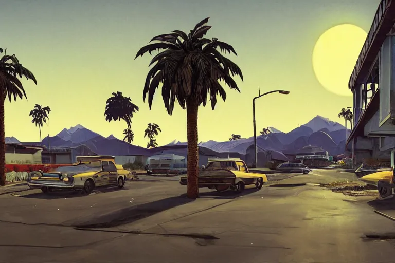 Prompt: broken robot | abandoned motel | palm trees | snowy mountains | moon in sky, painting by syd mead and weta studio and moebius and james jean and frank frazetta, gta san - andreas game screenshot, highly detailed, rule of third, soft lighting, architectural magazine, insanely intricate details, artstation trending, hypermaximalistic, high details, cinematic