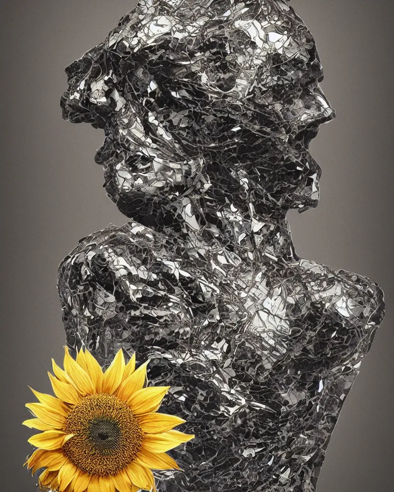 Image similar to symmetrical painting of a fractured obsidian greek statue of a sunflower fixed with kintsugi, rendered in octane trending on cgsociety. extremely detailed and intricate art