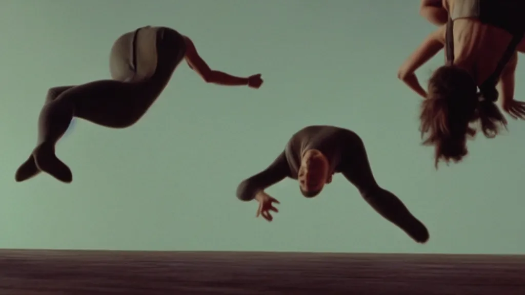 Image similar to a woman in a plank position free falling through the air, film still from the movie directed by Denis Villeneuve with art direction by Salvador Dalí, wide lens