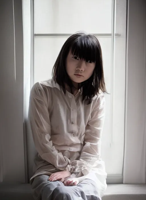 Image similar to photography girl looking sitting next to window by hisako ayanami