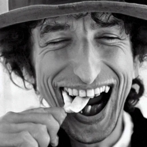 Image similar to bob dylan eating worms, grinning like a child, photograph