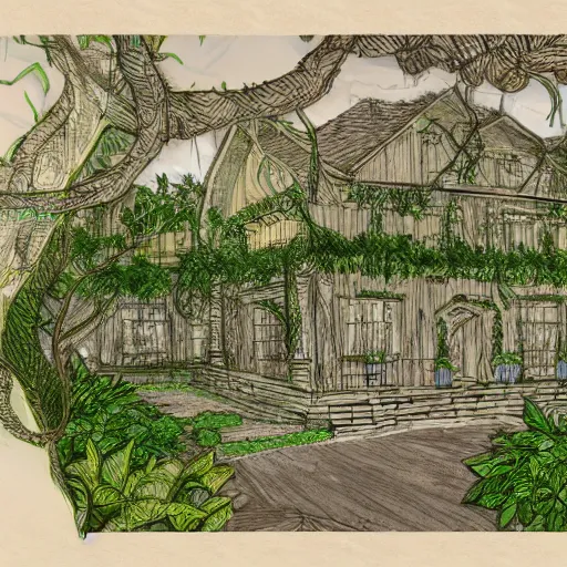 Prompt: annotated highly, detailed and intricate, sketch of a lodge full of green plants, marker concept art style rendering, concept art, half blueprint, trending on artstation, intricate details, center frame, annotations