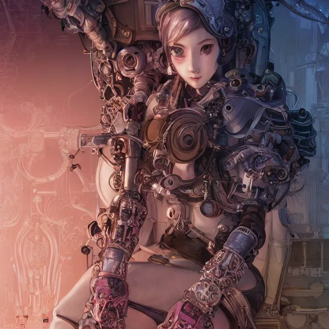 Image similar to the portrait of true neutral semi - colorful female cyborg mechanist as absurdly beautiful, gorgeous, elegant, young gravure idol, an ultrafine hyperdetailed illustration by kim jung gi, irakli nadar, intricate linework, bright colors, octopath traveler, final fantasy, unreal engine 5 highly rendered, global illumination, radiant light, detailed and intricate environment