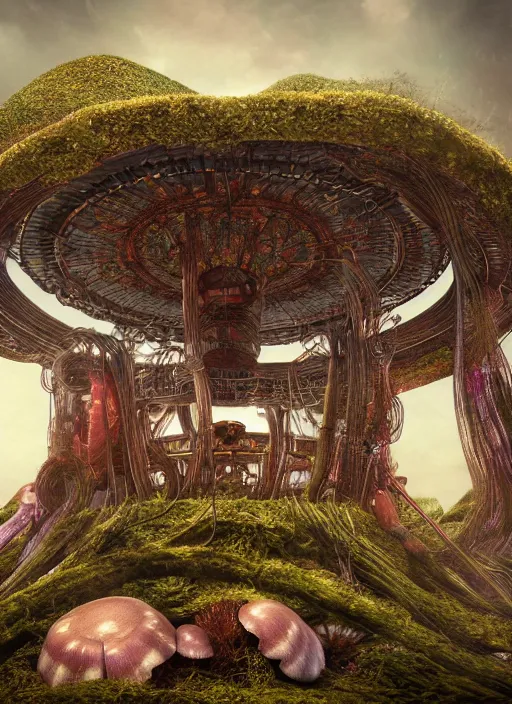 Image similar to wide - angle shot of mushroom temple, cables and tubes, depth of field, zeiss lens, detailed, symmetrical, centered, fashion photoshoot, by nicoletta ceccoli, mark ryden, lostfish, earl nore, hyung tae, frank frazetta, breathtaking, 8 k resolution, extremely detailed, beautiful, establishing shot, artistic, hyperrealistic, octane render