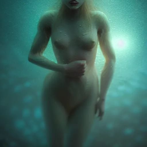 Image similar to ultra realistic horror photo of a dimly lit translucent female alien creature underwater, very intricate details, focus, full frame image, curvy, model pose, artwork by tooth wu and wlop and greg rutkowski, award winning