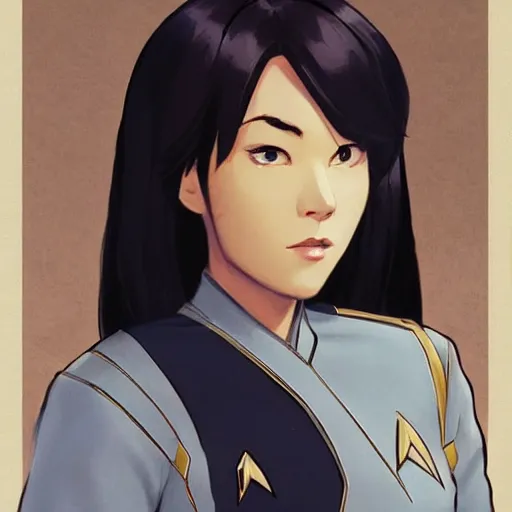 Image similar to female star trek captain, disney style, finely detailed features, gapmoe yandere grimdark, trending on pixiv fanbox, painted by greg rutkowski, makoto shinkai, takashi takeuchi, alphonse mucha, akihiko yoshida