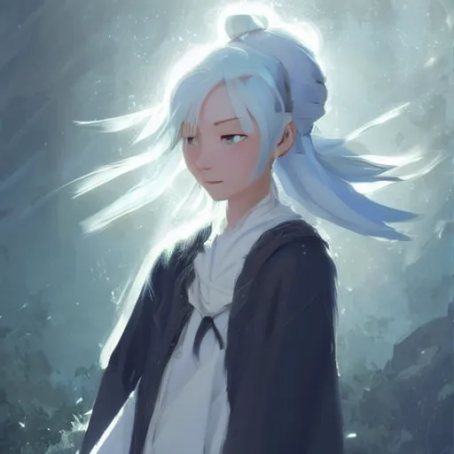 Prompt: girl sorcerer with white hair in a messy hairbun. cgsociety masterpiece, artstation trending, by rossdraws, ghibli, kimi no na wa, greg rutkowski, simon stalberg, greg manchess