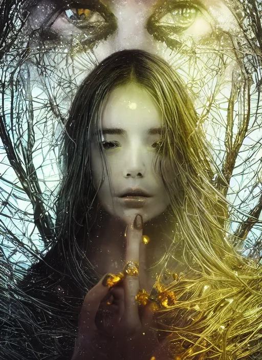 Image similar to glowing silver and golden elements, full close-up portrait, A beautiful dark witch in front of the full big moon, book cover, green forest, red white black colors, establishing shot, extremly high detail, foto realistic, cinematic lighting, pen and ink, intricate line drawings, by Yoshitaka Amano, Ruan Jia, Kentaro Miura, Artgerm, post processed, concept art, artstation, matte painting, style by eddie, raphael lacoste, alex ross