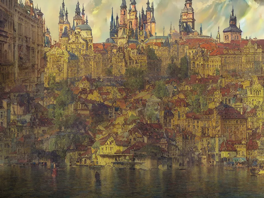 Image similar to a view from the river a city resembling prague, paris, and venice after a rain with a rainbow, intricate, elegant, highly detailed, digital painting, artstation, concept art, smooth, sharp focus, colored illustration for tattoo, art by krenz cushart and artem demura and alphonse mucha,