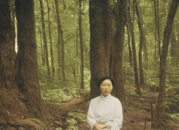 Prompt: An Asian woman in white, in the forest, 90's professional color photograph.