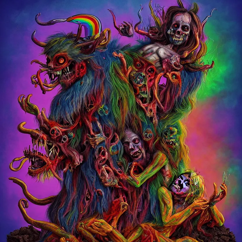 Image similar to a portrait of a beautiful, colorful, flesh - eating, whimsical demon with rainbow fur, eating a screaming priest, standing on a pile of corpses, by alexandro judorowski and basia tran, fear, morbid, nightmare, supernatural, 8 k, digital art, highly detailed, chiaroscuro, creepy, terrifying