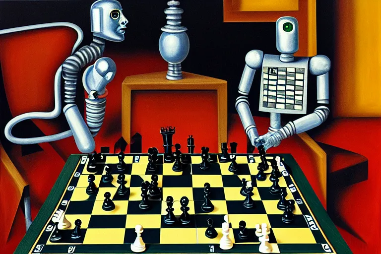 Image similar to portrait of a robot playing chess, highly detailed, painting by otto dix, 8 k