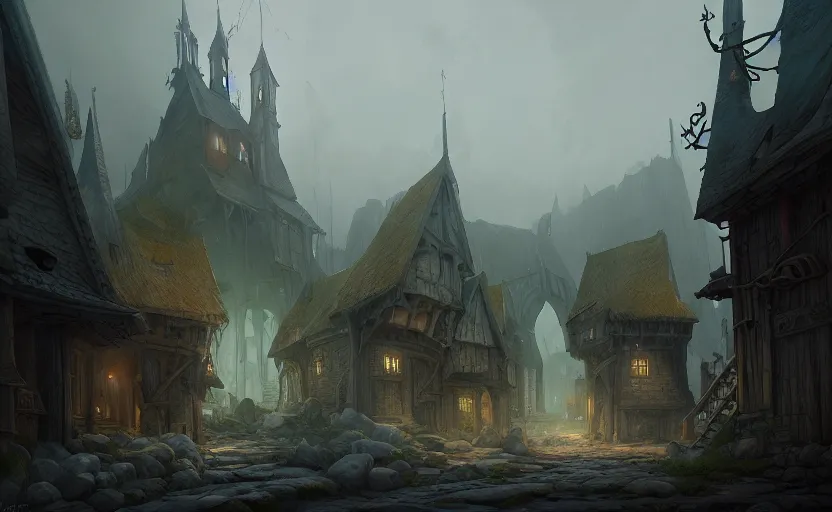 Image similar to epic concept art depicted an old medieval mystic town : : : art by jakub rebelka and tyler edlin : : : dramatic mood, overcast mood, dark fantasy environment : : : trending on artstation, unreal engine, hyperreal movie shot