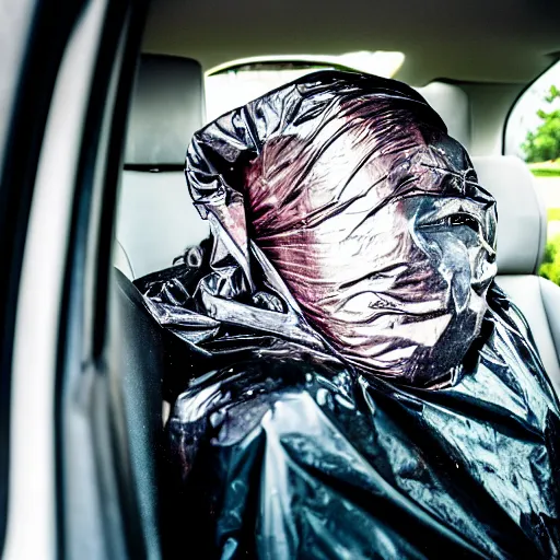 Image similar to stinking garbage bag with human face oozing goop inside car, wide angle, specular highlights, fetid atmosphere