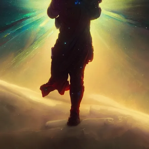 Image similar to digital painting of a man ascending to galactical bliss, stars and nebulas behind, dynamic lighting, cinematic shot, concept art, sci - fi, fantasy, artstation, alphonse mucha, greg rutkowski