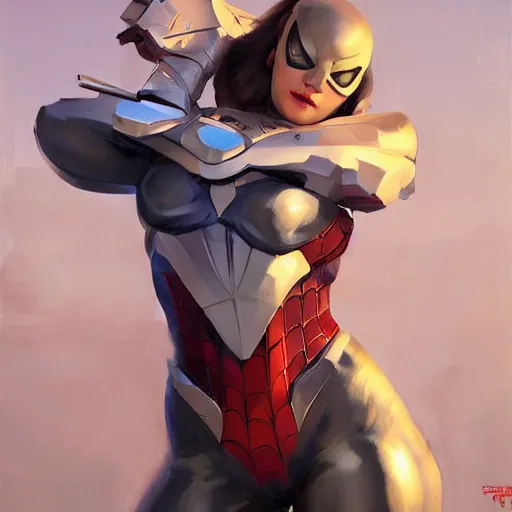 Image similar to greg manchess portrait painting of partially armored female spiderman as overwatch character, medium shot, asymmetrical, profile picture, organic painting, sunny day, matte painting, bold shapes, hard edges, street art, trending on artstation, by huang guangjian, gil elvgren, ruan jia, greg rutkowski, gaston bussiere