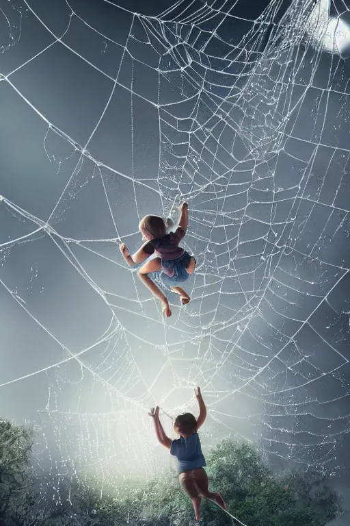 Prompt: Tiny humans climbing on a spiders web, dewdrops, macro, dramatic lighting, cinematic, establishing shot, extremely high detail, foto realistic, cinematic lighting, post processed, concept art, high details, cinematic, 8k resolution, beautiful detailed, photorealistic, digital painting, artstation, concept art, smooth, sharp focus, artstation trending, octane render, unreal engine