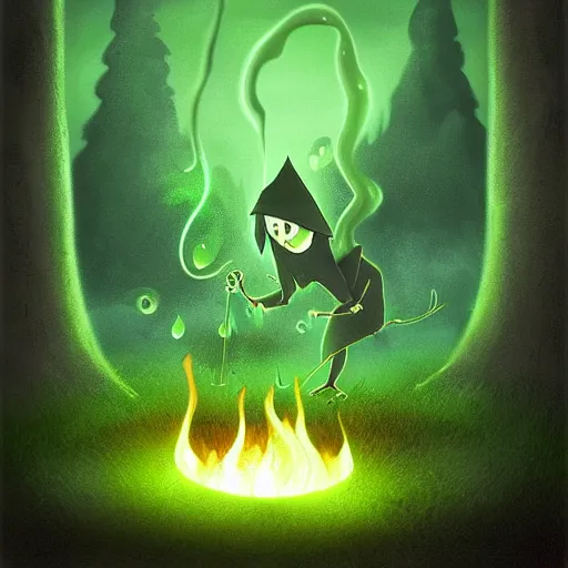 Prompt: a black cauldron filled with a magical green glowing liquid hanging in the air, campfire below the cauldron, night, fantasy, digital art, mysterious, realistic