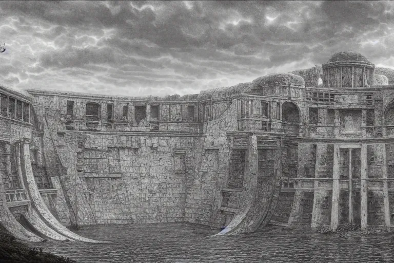 Image similar to intricate, 3 d, vast abandoned dam, style by caspar david friedrich and wayne barlowe and ted nasmith.