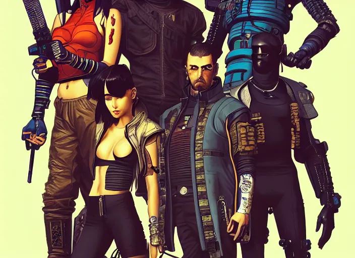 Image similar to cyberpunk samurai team. portrait by stonehouse and mœbius and will eisner and gil elvgren and pixar. character design. realistic proportions. cyberpunk 2 0 7 7 character art, blade runner 2 0 4 9 concept art. cel shading. attractive face. thick lines. the team. diverse characters. artstationhq.