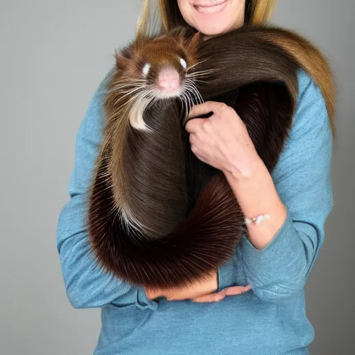 Image similar to long ferret like a scarf, wrapped up comfortably, living animal on your shoulders