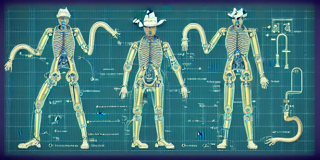 Prompt: technical diagram blueprint of anthropomorphic anatomical sip technician, cyborg cowboy technical diagram, telepathic intravenous drip body augmentation, anthropomorphic nootropic commission system, humanoid cowboy snake man machine blueprint, performance enhanced salesman anatomy, snake oil sip tech technical blueprint plan with subtle purple green iridescent sheen